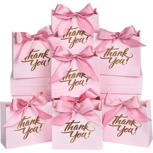 50Pack Small Thank You Gift Bags, 4.5x1.8x3.9 Inch Mini Gift Bags with Ribbon, Baby Shower Favor Bags, Pink Thank You Bags, Party Favor Bags for Candy, Wedding, Bridal Showers, Birthday