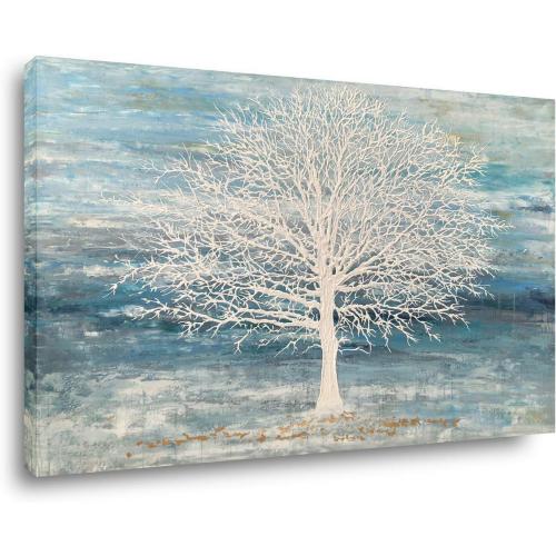 Yihui Arts Canvas Art Wall Decor, White Birch Trees Landscape Picture Painting, Modern Nature Teal Artwork Prints, Large Size Framed for Home Decor
