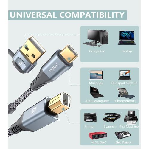 Printer Cable 2-in-1 USB-A/C to USB-B Cable High Speed Braided 6.6ft Grey