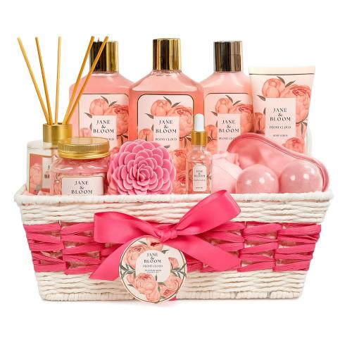 Christmas Spa Gifts for Women – Peony Cloud | 13-Piece Self Care Gift Set with Bubble Bath, Bath Bombs, Peony Diffuser, Lotion, Shower Gel, Bath Salt & More | Bath and Body Gift for Her Birthday