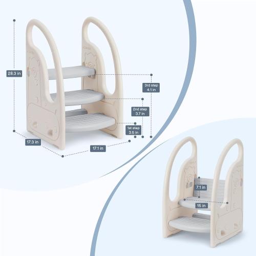 Toddler 3 Step Stool Onasti Kids Standing Tower for Toddlers Plastic Learning Helper Stool for Kitchen Counter Bathroom Sink Toilet Potty Training with Handles and Non-Slip Pads-Grey White