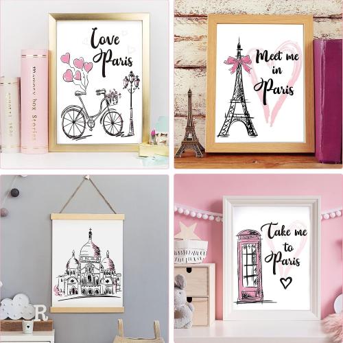 Outus 4 Pieces Paris Wall Decor Pink Paris Themed Bedroom Decor Eiffel Tower Wall Art Prints Romantic Unframed Picture Poster for Living Room Girls Bedroom Bathroom Office Decoration, 8 x 10 Inch
