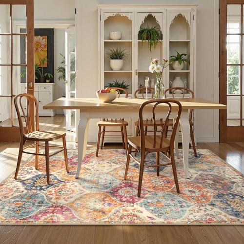 Lahome Moroccan Trellis Washable Area Rugs 5x7, 5x7 Area Rugs for Living Room Bedroom, Indoor Non-Slip Large Oriental Throw Carpet for Kitchen Entryway Bathroom Office Elise, Cream/Multi