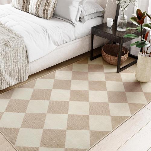 Beeiva Checkered Print 3x5 Washable Area Rug for Bedroom, Non Slip Ultra Thin Beige Entryway Rug Non Shedding Kitchen Rug 3x5, Modern Checkerboard Carpet Plaid Decor for Bathroom Office Nursery