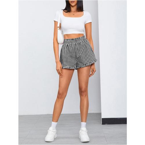 MakeMeChic Women's Gingham Shorts Ruffle High Waist Lounge Pajama Bottom