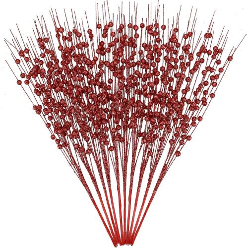 GREENTIME 10 Pack Red Artificial Glitter Berry Stem Ornaments 15.7 Inches Fake Christmas Picks Decorative Glitter Sticks for Vase Christmas Tree DIY Wreath Crafts Fireplace Decor