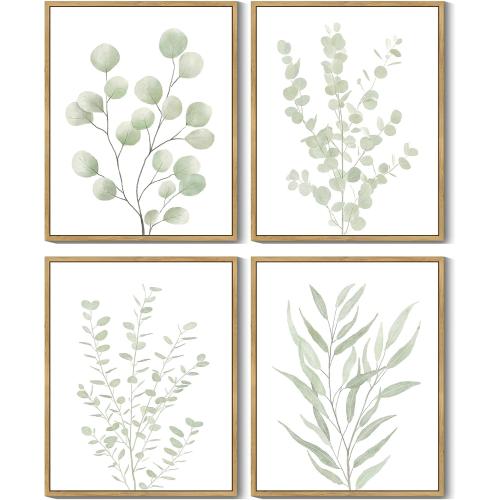 Drsoum Botanical Plant Framed Wall Art Boho Wall Decor for Bathroom Sage Green Eucalyptus Leaf Prints Minimalist Aesthetic Ready to Hang Set of 4, 8x10 in (Natural Framed)