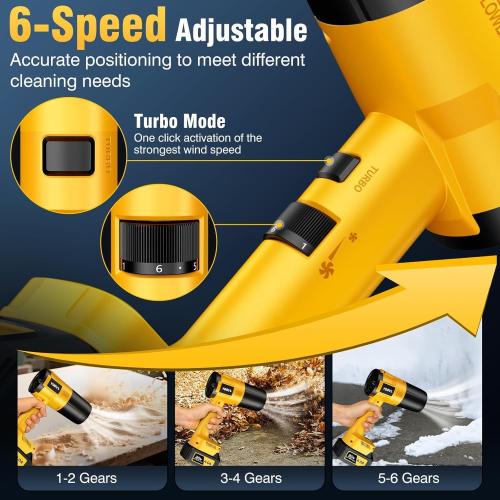 Leaf Blower Cordless, Handheld Leaf Blower with 2 X 4.0Ah Battery and Charger, Snow Blower with 6 Speed Modes, Lightweight Blowers for Lawn Care, Patio, Yard, Blowing Snow, Leaves, Dust-Yellow