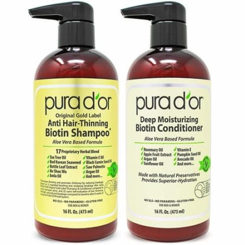 PURA D'OR Original Gold Label Anti Hair Thinning Biotin Daily Shampoo & Deep Moisturizing Conditioner Set with Herbal DHT Blockers