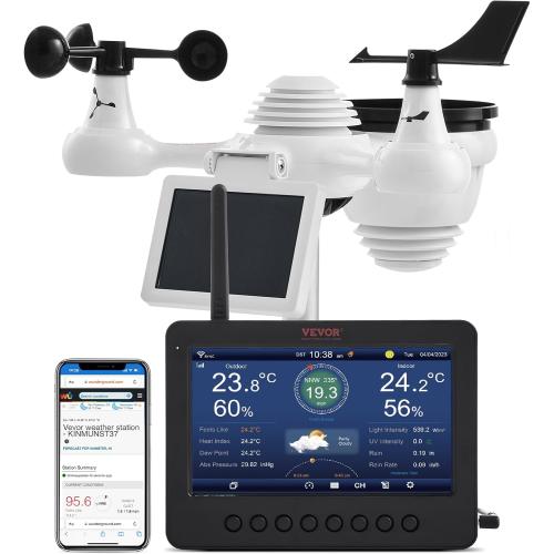 VEVOR 7-in-1 Wi-Fi Solar Self-Charging Weather Station with 7 TFT Color Display, Solar-Powered Outdoor Sensor, Indoor&Outdoor Monitoring for Temperature, Humidity, Wind Speed/Direction and Rainfall