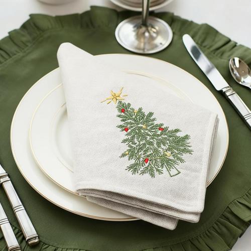 Newwiee Christmas Linen Napkin Set of 4 100% Linen Cloth 20 Inch Christmas Tree Embroidered Napkin Square Dinner Serviette Soft & Durable Holiday Table Decor Xmas Wedding Cocktail Party Supply
