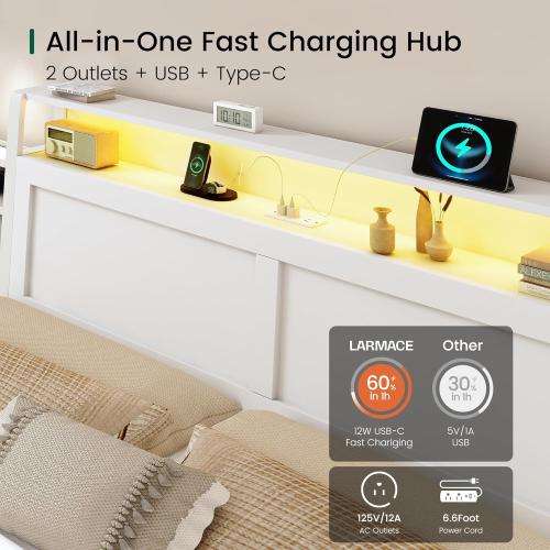 LARMACE Queen Bed Frame with Storage, LED Light and Charging Station, White