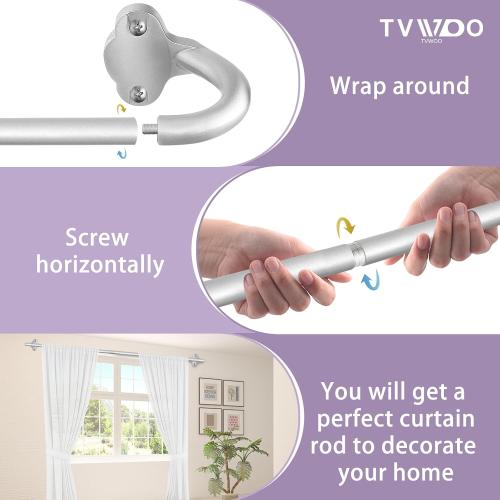 TVWOO Silver Wrap Around Curtain Rods:5/8 In Blackout Adjustable Window Curtain Rod for Bedroom Kitchen Apartment Renter Friendly,Room Darkening Curved Drapery Rods Easy Install,Antique Silver 48-90