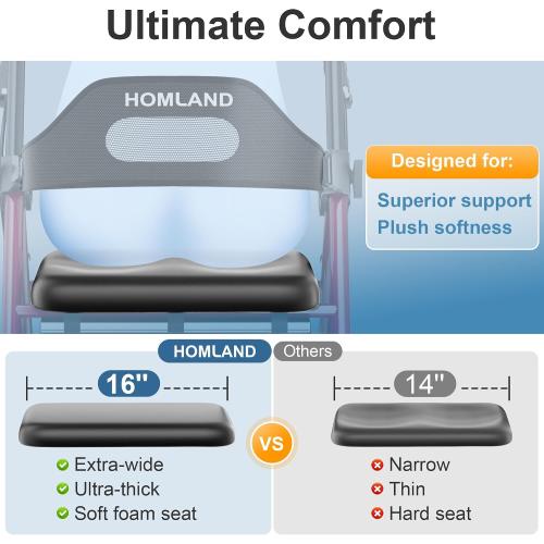 HOMLAND Foldable Rollator Walkers for Seniors with Seat, 16 Enlarged Seat | 350 lb Sturdy Frame, 16×12 Seat 1.9 Thick, 8 Big Wheels, Adjustable Height, Tool-Free Assembly, All Terrain Mobility Aid