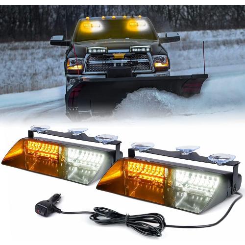 Xprite 2-in-1 High Intensity 32 LED Emergency Strobe Dash Lights Interior Windshield Flashing Light w/Suction Cups for Construction Vehicles Towing Work Trucks Plows Pickup Truck-White Amber
