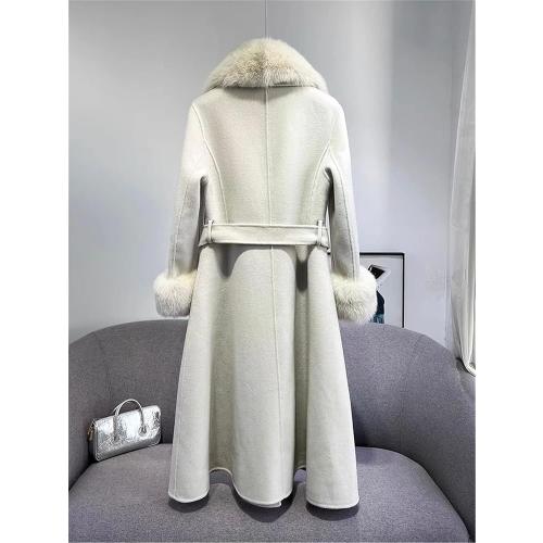 Youlander Fur FE-05 Long Coat With Real Fox Fur Big Collar And Big Cuffs And Belt For Women Soft Jacket Wool Coats size small
