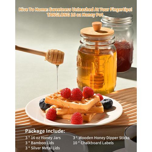 TANGLONG Honey Jar with Dipper and Lid, 16oz Honey Pot Set of 3
