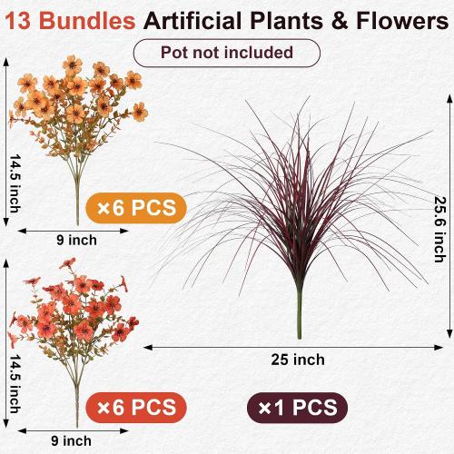 Fall Flowers Artificial Mums for Outdoors Autumn Decor, 12 Bundles Fake Fall Mums with 1 pcs Burgundy Grass UV Resistant Realistic Faux Flowers for Outside Home Porch Patio Planter Yard, Orange Yellow