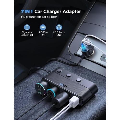 [2025 Upgraded] 7 in 1 Cigarette Lighter Adapter, JOYROOM 179W Car Charger Adapter with PD30W Charge(3.3FT Cable), 24V/ 12V Cigarette Lighter Splitter with Independent Switches & LED Voltage Display