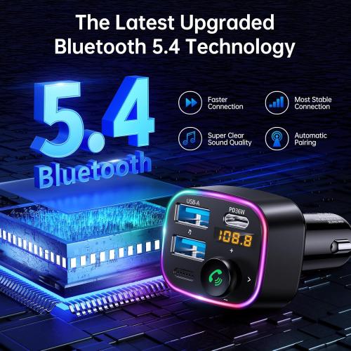 Syncwire Bluetooth 5.4 Car Adapter 48W FM Transmitter for Hands Free Calls | Light Switch, Fast Charge (PD 36W & 12W), HiFi Bass Sound, LED Display, USB Drive Support, Wireless Radio Music Adapter