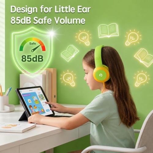 ADOOPE Wired Kids Headphones with USB C Plug, 85dB Safe Volume, Adjustable Headband, Tangle-Free Cord Headphones for School, Tablet, Travel (Lime Green & Orange, Without Microphone)