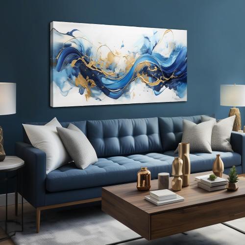 AUUZAIUA Abstract Canvas Wall Art Blue and Gold Fluid Wave Prints 24x48 In