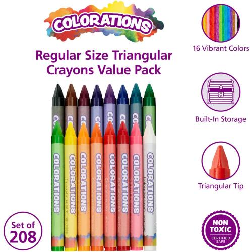 Colorations Regular Size Triangular Crayon Classroom Pack, 16 Colors | 13 of Each, Set of 208, Easy-Grip Non-Toxic Crayons for Kids, School Supplies, Classroom Must-Haves
