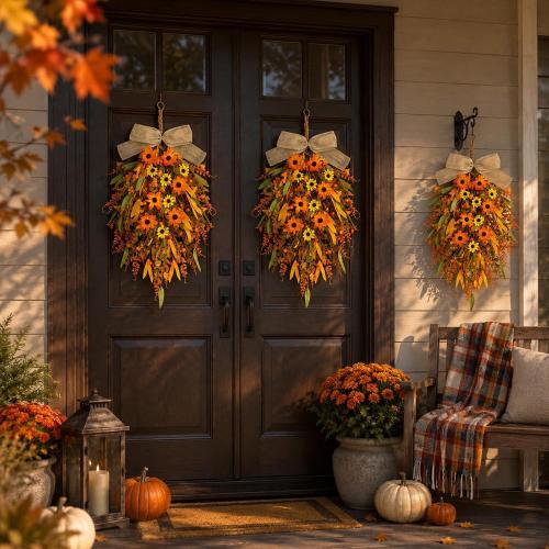 2 Pcs 24 inch Artificial Fall Swag Autumn Floral Teardrop Swags for Front Door Farmhouse Kitchen Cabinet Wreaths with Ribbon for Porch Wall Window Decor
