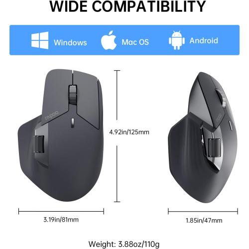 Rapoo MT760 Multi-Device Wireless Mouse, Bluetooth 5.0 and 2.4G Multi-Mode Connection, Up to 4 Devices, 11 Programmable Buttons, 4K DPI, 90 Days Battery Life, PC, Matte Black