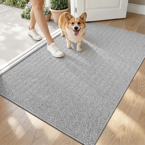 LUMI Ultra Thin Indoor Door Mat for Entrance 32x48, Non Slip Entryway Mat, Low Profile Doormat, Unique Herringbone Design Carpet for Inside, Patio, Porch, Gray