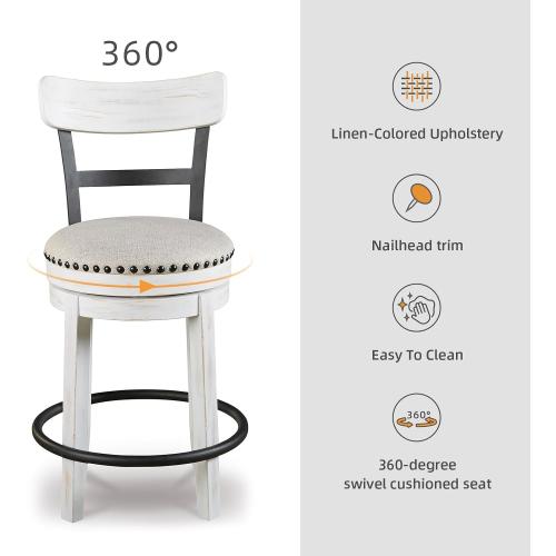 Signature Design by Ashley Valebeck | Modern Swivel 24.5 Counter Height Barstool – Rustic-Industrial Whitewash, Upholstered Cushion, 360° Swivel, Nailhead Trim
