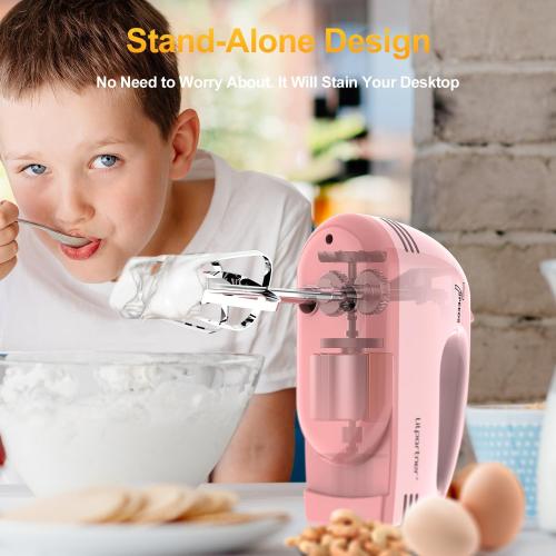 LILPARTNER Hand Mixer Electric, Ultra Power Kitchen Hand Mixer With 7-Speed & 5 Stainless Steel Accessories for Whipping Dough, Cream, Cake, Dishwasher Safe, Light Pink