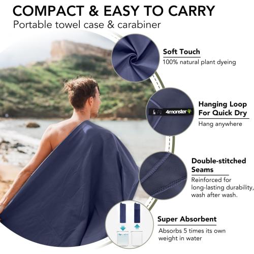 4Monster Quick Dry Travel Towel with Case & Carabiner – Super Absorbent Microfiber Gym & Camping Towel. Compact, Lightweight, Fast Drying for Beach, Swimming, Hiking, Backpacking