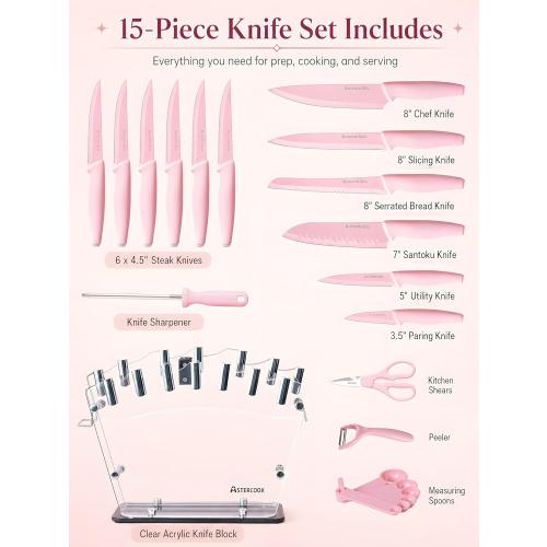 Astercook Knife Set with Clear Block and Sharpener 22Pcs Pink
