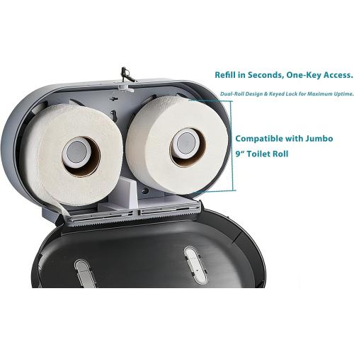 Twin Jumbo Toilet Roll Dispenser: Double 9 Inch Paper Holder Wall Mount with Key Lock for Commercial Office & Public Restrooms, Design by Modunful MD-902-Black