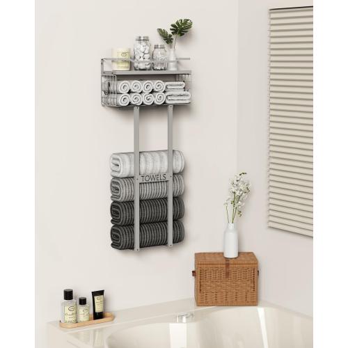 Aetyord Towel Racks for Bathroom - Wall Mounted Metal Rack with Wood Plank, Bathroom Storage Organizer, Towel Holder Stores 6 Large Rolled Towels Easily, All Grey