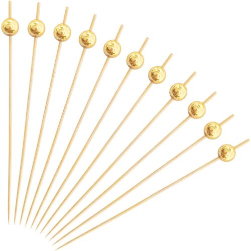 100Pack Cocktail Picks, Wooden Cocktail Toothpicks for Drinks Appetizers with Matt Gold Pearl