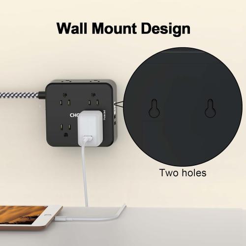 Surge Protector Power Strip - CHCORE 6Ft Braided Extension Cord with 8 Outlets with 4 USB (2 USB C) Charging Ports, Flat Plug Multi Plug Outlet Extender Charging Station for Home Office, ETL, Black