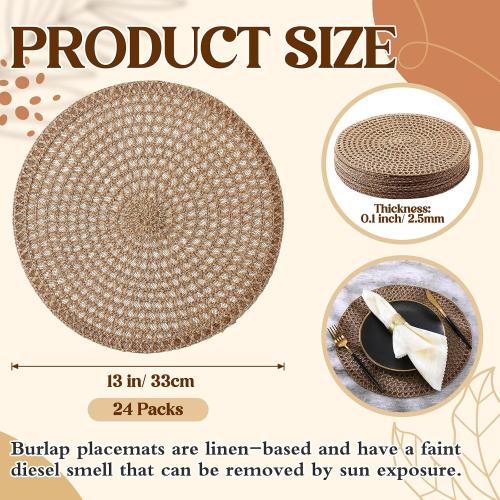 24 Pcs 13 Inch Round Jute Woven Placemat Burlap Boho Charger