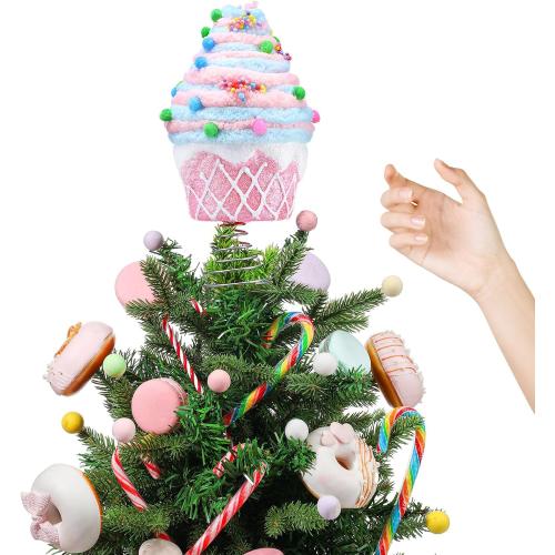 Retisee 7.9 Inch Pastel Dessert Christmas Tree Topper Pink Cupcake Tree Topper Candy Donut Christmas Tree Decoration Pastel Christmas Ornaments for Christmas New Year Birthday Party Decor