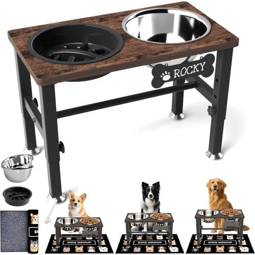 SHAINFUN Elevated Dog Bowls with Slow Feeder & Mat for Medium and Large Dogs, 12 Tall Adjustable Wooden & Metal Raised Dog Bowl Stand, 2 Stainless Steel 58oz Bowls for Food & Water