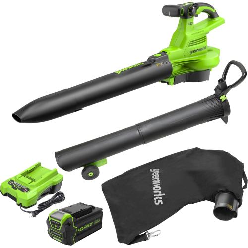 Greenworks 40V (230 MPH / 505 CFM) Cordless Brushless Leaf Blower/Vacuum with Bag, High Power, Lightweight & Quiet for Yard Debris Cleanup, Includes 5.0Ah Battery & Charger