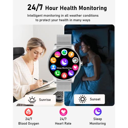 Smart Watches for Women, 1.27'' TFT Fitness Watch With Bluetooth Answer/Make Call,24H Heart Rate/SpO2/Sleep Monitor/Menstrual Cycle/120  Sports Fitness Tracker for iPhone Android iOS(4 Straps,Silver)