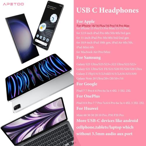 APETOO USB C Headphones for iPhone 18 Pro Max 17 16 15/iPad Air Earbuds