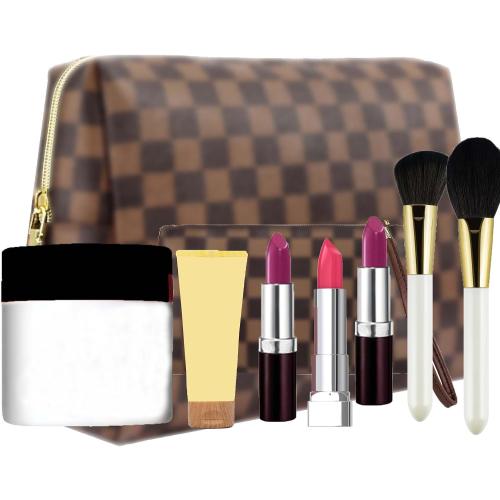 Makeup Bag, Cosmetic Bag, Portable Leather Large Checkered Makeup Bag, 2 Pack Large Capacity Travel Cosmetic Bag for Women, Lightweight Design and Waterproof Toiletries Bag Christmas Gifts