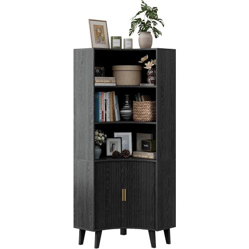 BLACK❗❗❗Tall Fluted Corner Cabinet with Sliding Doors,Storage Cabinet,corner shelf
