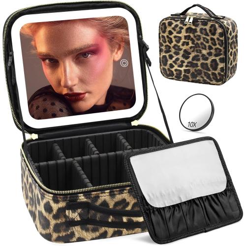 Makeup Bag with Light Up Mirror, Lighted Travel Makeup Organizer 3 Colors Adjustable Brightness, Makeup Bag with Mirror and Light, Travel Train Case Portable Cosmetic Bag for Women(Leopard)