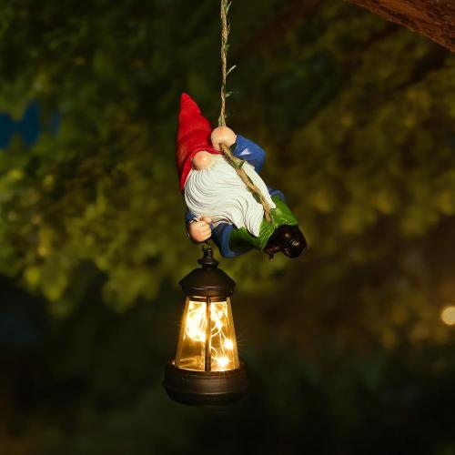 Solar Hanging Gnome Garden Statues Funny Climbing Gnome with LED Lantern