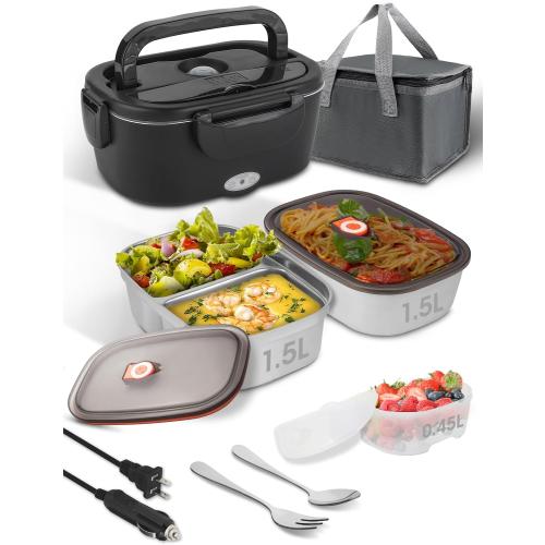 Electric-Lunch-Box-Heated-Food Warmer, 80W Heating Lunchbox for Adults, 2 Pack 1.5L Stainless Steel Containers, 12/24/110V Lonchera Eléctrica Portátil for Work/Car