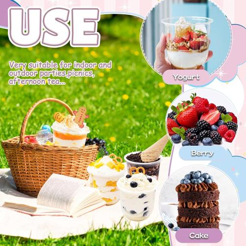 100 Pack 12 oz Clear Plastic Cups with Dome Lids,Parfait Yogurt Cups with Spoons,No Hole Plastic Cup with Lids for Dessert,Yogurt,Ice Cream,Cupcake,Fruits